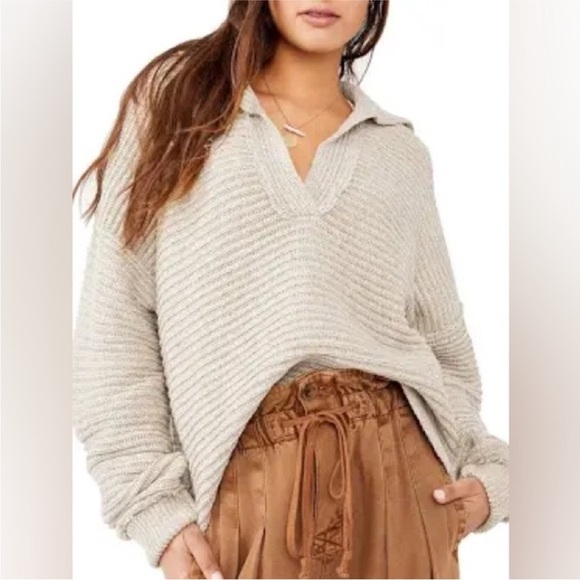 FREE PEOPLE Marlie pullover sweater split v-neck long sleeves fringe oatmeal XS - Picture 1 of 14
